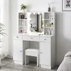 Makeup Desk Mirror Desk with Storage Vanity Table LED Light Dressing Table White