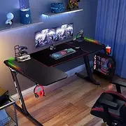 Luxsuite L Shaped Gaming Desk with Led Light Computer Racer Table Desktop Carbon Fiber 140CM Black