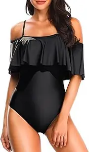 [Tempt Me] Women One Piece Solid Color Off-Shoulder Flounce Monokini Swimwear