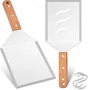 Extra Large Metal Burger Spatula Set of 2, Leonyo Heavy Duty Stainless Steel Griddle Slotted Hamburger Turner, Barbecue Cast Iron Grilling Flat Top Griddle Accessories, Wooden Handle