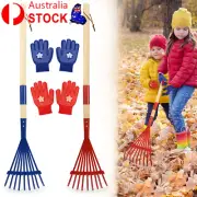 Metal Kids Leaves Rakes and Kids Gloves,Small Kids LawnRakes with Wooden Handle