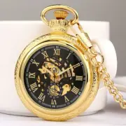 Men's Mechanical Pocket Watch Gold Case Open Face Pendant Chain Fob Watches Gift
