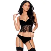 Velvet Lace Cami Top Garter Panty Set Underwire Cups Sheer Flyaway Black 30083