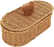 MUELODSIC Cute Bear Handle Woven Storage Box with Lid Decorative Imitation Rattan Basket for Organizing Sundries Stationery Skincare for Home Office School