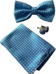 [Zasel] Mens Light Blue Checkered Matching Bow Tie, Pocket Square & Cuff Links Set Light Blue, White