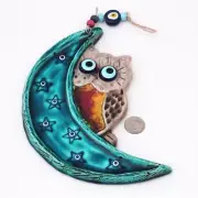 Handmade Ceramic Wall Art, Owl Behind the Moon with Evil Eye Motifs