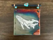 J Diller Signed Art Pottery Raku 4” Tile Whale & Baby With Turquoise Beads