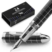 [Wordsworth & Black] Majesti Fountain Pen, Medium Nib, Includes 24 Ink Cartridges and Ink Refill Converter, Gift Case, Journaling, Calligraphy, Smooth Writing [Checked Chrome], Perfect for Men and Women