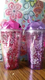 2 Gem Top Pink & Purple Confetti Double Wall Water Bottle with Straw 16.2 fl oz