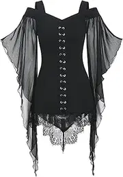 [FEOYA] Women's Renaissance Corset Top Goth Skull Lace Bell Sleeve Shirt Victorian Button Blouse Vintage Swing Tunic Tops