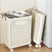 Rolling Collapsible Laundry Basket with Wheels,Hamper Storage, Foldable Laundry Cart with Handles for Laundry Room,Dorm, Bedroom Large Capacity (White)