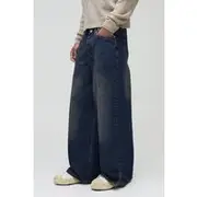 Mens Antique Blue Baggy Rigid Extreme Washed Split Hem Denim Jeans