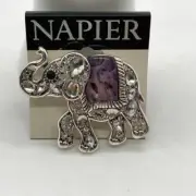 Napier Trunk Up Elephant Brooch Silver Tone Rhinestones Simulated Abalone Signed