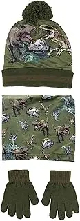 [CERDÁ LIFE'S LITTLE MOMENTS] Jurassic World Bobble Hat Scarf Gloves Kids Boys Winter Set, Olive Green, One Size