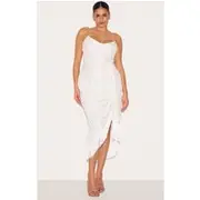 Plus White Devore Tassel Detail Underwired Draped Midi Dress, White