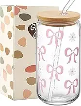 Rosa Schleife Daisy Glass with Lid and Straw Aesthetic Drinking Glasses in Can Shape Coffee Cup Iced Coffee Glass Cocktail Glasses Small Gifts for Women Girls Friends (500 ml)