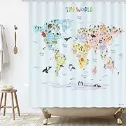 BASHOM BSC615 Animal World Shower Curtain Set for Kids Waterproof Washable Decorative Bathroom 71''x71'' (180x180cm) Polyester Fabric with 12 Hooks Colourful Educational Country Liner Bathtubs