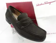 NIB FERRAGAMO LANZAROTE HICKORY BROWN SUEDE MOCCASIN LOGO PENNY LOAFERS 8 EE