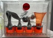 New Set 4 MCM Copco Orange Lucite Bottle Decanter Topper Stopper Pourer Barware