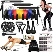 HOTWAVE Pilates Bar Kit with Resistance Band Set, Exercise Bar with AB Roller,Yoga Stretching Equipment, Portable Home Gym