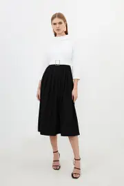 Tailored Structured Crepe Turtleneck Pleated Midi Dress