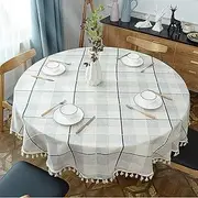 Fhberni Round Tassel Plaid Tablecloth, Heavy Weight Cotton Linen Fabric Table Cover for Kitchen Dining Tabletop Decoration, Off White & Grey, 60" Round