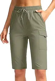 [SANTINY] Women's 13" Long Hiking Shorts Knee Length Quick Dry Cargo Bermuda Shorts for Women with Zipper Pockets