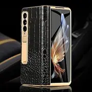 AILLIIN Leather Phone Case for Samsung Galaxy Z Fold 5 4 3 Fold4 Fold5 Gold Plating Magnetic Hinge Stand Back Cover with Mirror Film,Crocodile Grain 1,for Galaxy Z Fold 5
