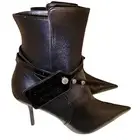 OFF WHITE Womens Black Zip Tie Strap Nappa Toe Stiletto Leather Heeled Boots 38