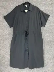 A New Day Shirt Dress Womens XXL Black Linen Blend Drawstring Waist Midi Basic