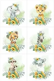 UNIQUE Sunflower Safari Fabric Panel Set (6 Panels, 12x12 in Each), Quilting Panels, Baby Quilt Panels, Cotton Baby Panels, Cotton Fabric Panels for Quilting, White, Green, Yellow