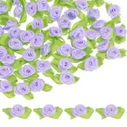 100-Pack Mini Ribbon Roses, Satin Ribbon with Green Leaves[Light Light Purple]