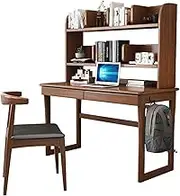 Solid Wood Desk and Chair Set, Computer Writing Table with Bookshelf, Ergonomic Horn Chair for Home Bedroom Office