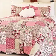 [Cmfshape] Summer Floral King Quilted Bedspread,Romantic Pink Quilt Set,Reversible Stitched Bedding Cover All Season,Soft Lightweight Coverlet with Pillow Cases (Hot Pink&Rose, King102 x90)