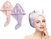 Flycheers Hair Towel Wrap,Turban,Microfibre Hair Towel, Super Absorbent,Rabbit ears Hair Drying Towel with Button, Dry Hair Hat, Wrapped Bath Cap Pink+Purple