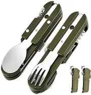 Camping Cutlery Folding Cutlery Set Stainless Steel 5 in 1 Folding Cutlery Bottle Opener Camping Cutlery as Knife Fork Spoon Set Outdoor Portable Cutlery Set Pack of 2