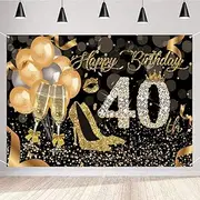 40th Birthday Decoration Happy 40th Birthday Backdrop for Women Birthday Party Background Shining Glitter Gold Spots Black and Gold Party Banner Photo Studio Props, 150 cm x 90 cm