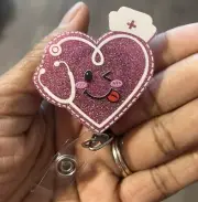 Red Cross, Heart ,Office Badge, NURSE, RN, ER, Retractable Reel ID Badge Holder