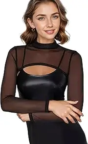 [XDGBGFN] Mesh Top Women's Crop Top Long Sleeve Slim Fit Mesh Top Stand-Up Collar Mesh Top Women for Party, Beach, Club