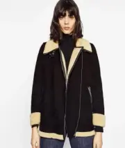 ZARA Womens Size L or 14 Black Faux Suede Sherpa Lined Coat / Jacket NEW + TAGS