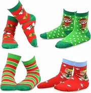 [TeeHee Socks] TeeHee Christmas Kids Cotton Fun Crew Socks 4-Pair Pack