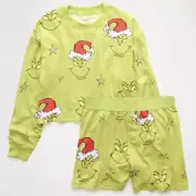 AE American Eagle Women’s Grinch Plush PJ Set Green Size Large NEW