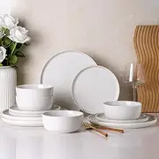 [AmorArc] Stoneware Dinnerware Sets,Round Reactive Glaze Plates and Bowls Set,Highly Chip and Crack Resistant | Dishwasher & Microwave Safe,Service for 4 (12pc)-White, ADW009