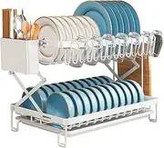Hoisimdy Dish Drying Rack 2 Tier Dish Rack Large Capacity Folding Kitchen Dish Drainer Cup Cutlery Drying Rack with Drip Tray 42cm (White)