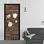 Door Stickers 3D Stereoscopic Brick Flowers Door Sticker PVC Mural Wallpaper Waterproof Living Room Bedroom Decor(95x215cm)