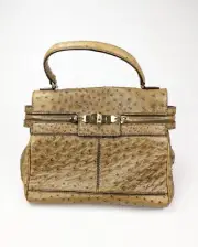 NWT MAX MARA Margaux Ostrich Leather Top Handle Shoulder Bag Tan Turnlock Exotic