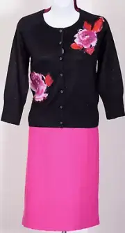 ST.JOHN Women Knit Black Pink Flowers Sequins Shimmer Jacket & NWT Skirt Sz 4
