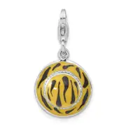 Sterling Silver 3-D Polished Cz Yellow/Black Enamel Tiger Hat Charm W/ Lobster Clasp