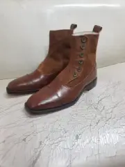 Super Boot Handmade Brown Leather & Brown Suede Smart Casual Ankle Button Boot