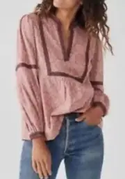 Faherty Aurora Leaf Print Peasant Top in Mauve Leaf Batik Size XS NWT MSRP $158